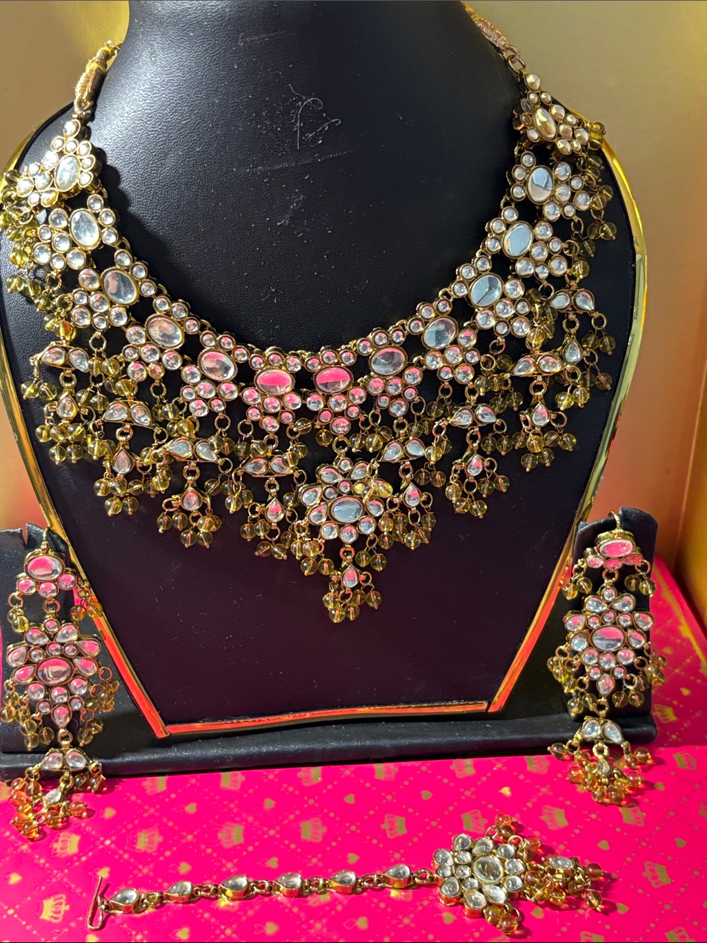 Gold Pink And White Statement Necklace Set - Women Jewelry